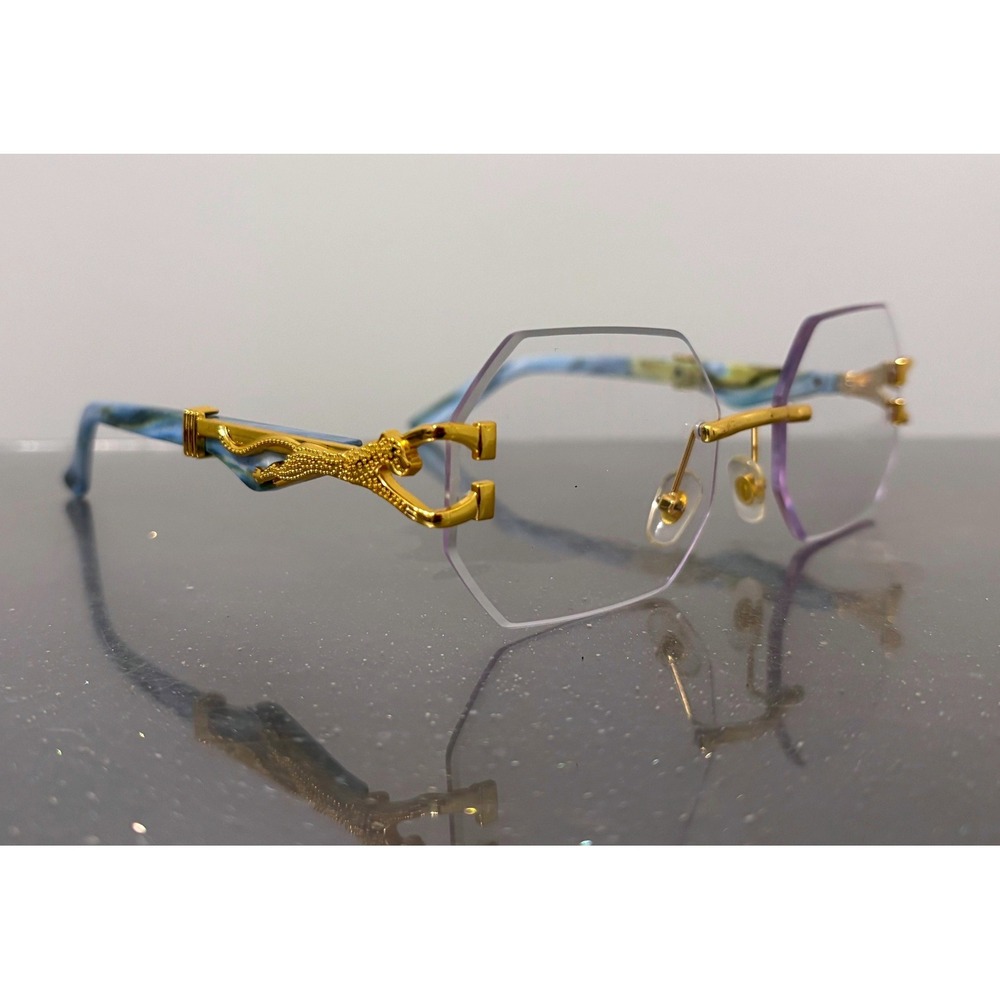 Custom Panther Rimless Fashion Glasses Unisex Gold Tone Blue Marble Hexagon NWOB